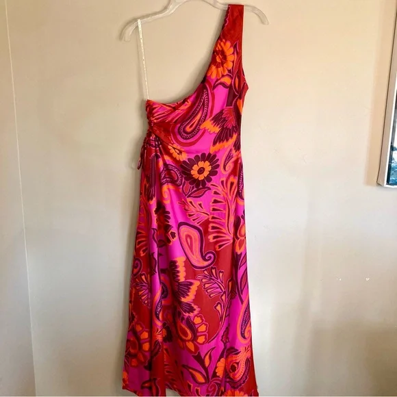 NEW FARM Rio Bold Floral Pink Midi Dress One Shoulder Cut-Out Beaded Tie Size L - Picture 13 of 16